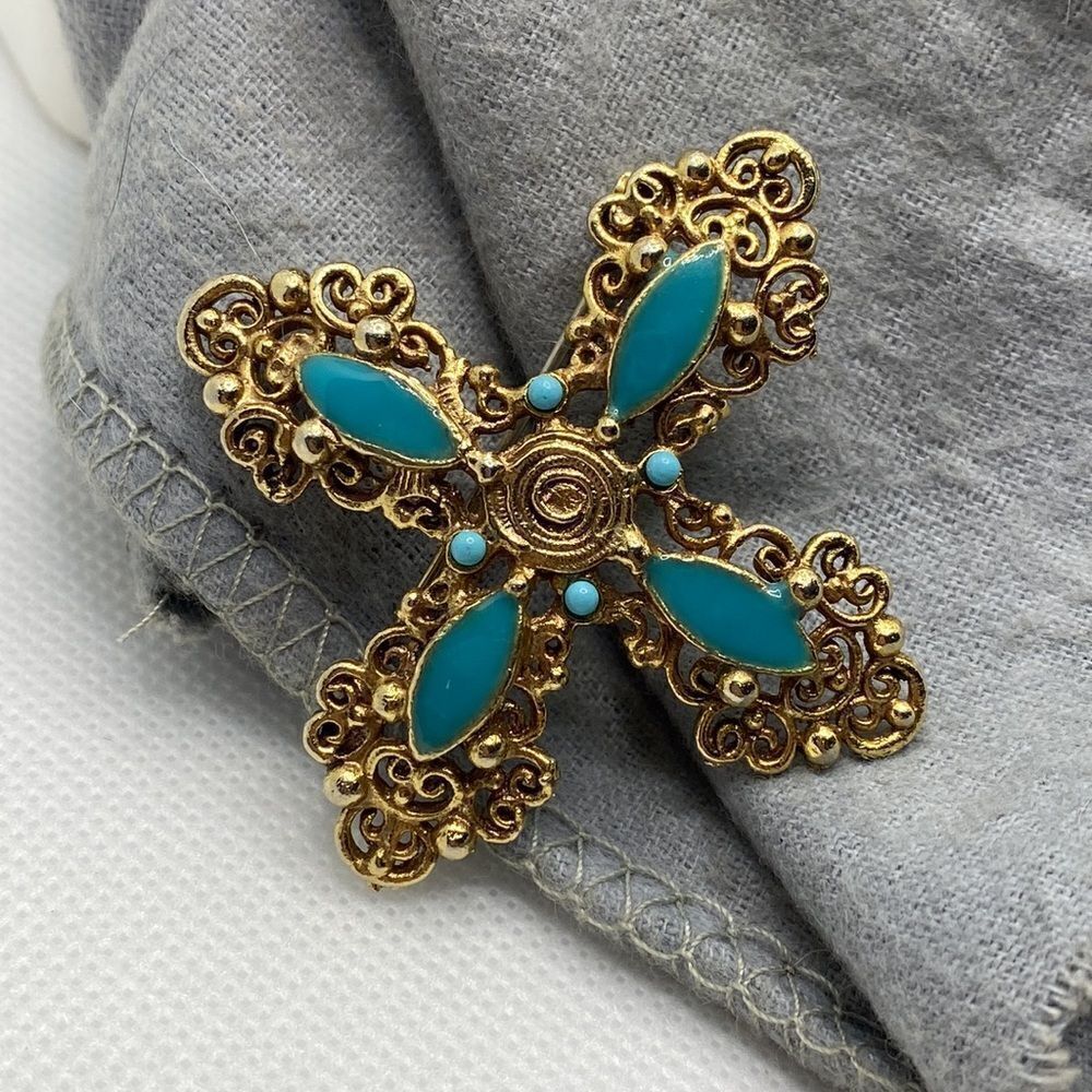 💛 Art Deco Gold Plated Filigree Turquoise Enamel Cross Brooch